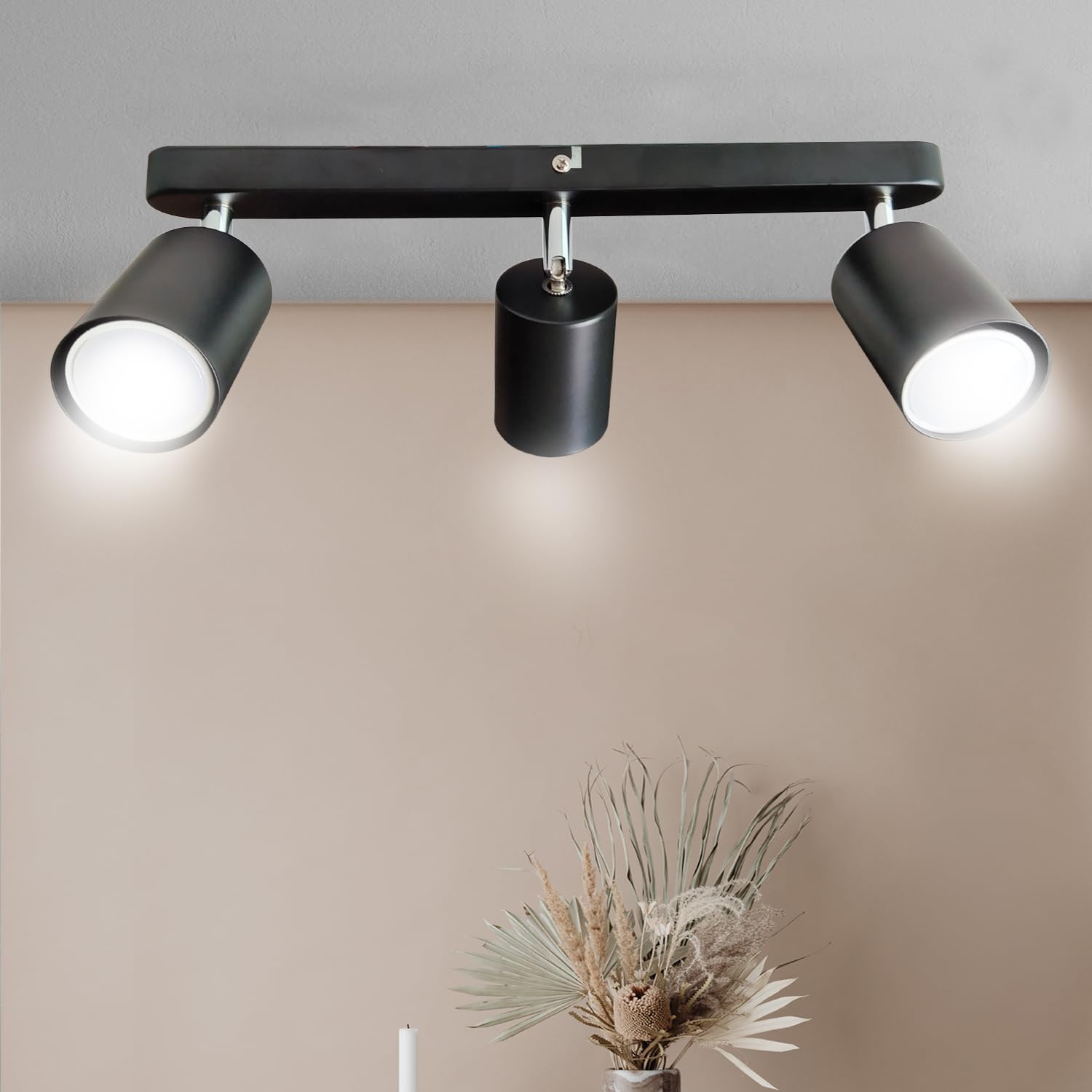 Sweier Adjustable 3 Way GU10 Ceiling Spotlight, 3x5W Ceiling Light Bar Warm White 3000K, Indoor Wall Spotlight Matte Black