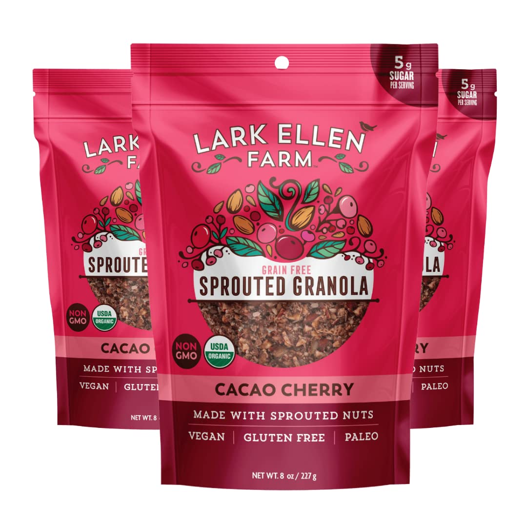 Lark Ellen Farm Cacao Cherry Grain-Free Granola Clusters, Organic Vegan Nut and Seed Mix, Gluten-Free Crunchy Bites for Snack, Breakfast, or Yogurt, 8 oz, 3 Pack