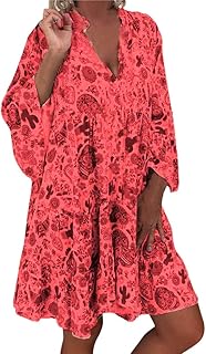 Vestido tipo túnica bohemio para mujer, cuello en V, ajuste holgado, con mangas largas y estampado étnico, ideal para vacaciones, playa, festivales o días casuales de verano