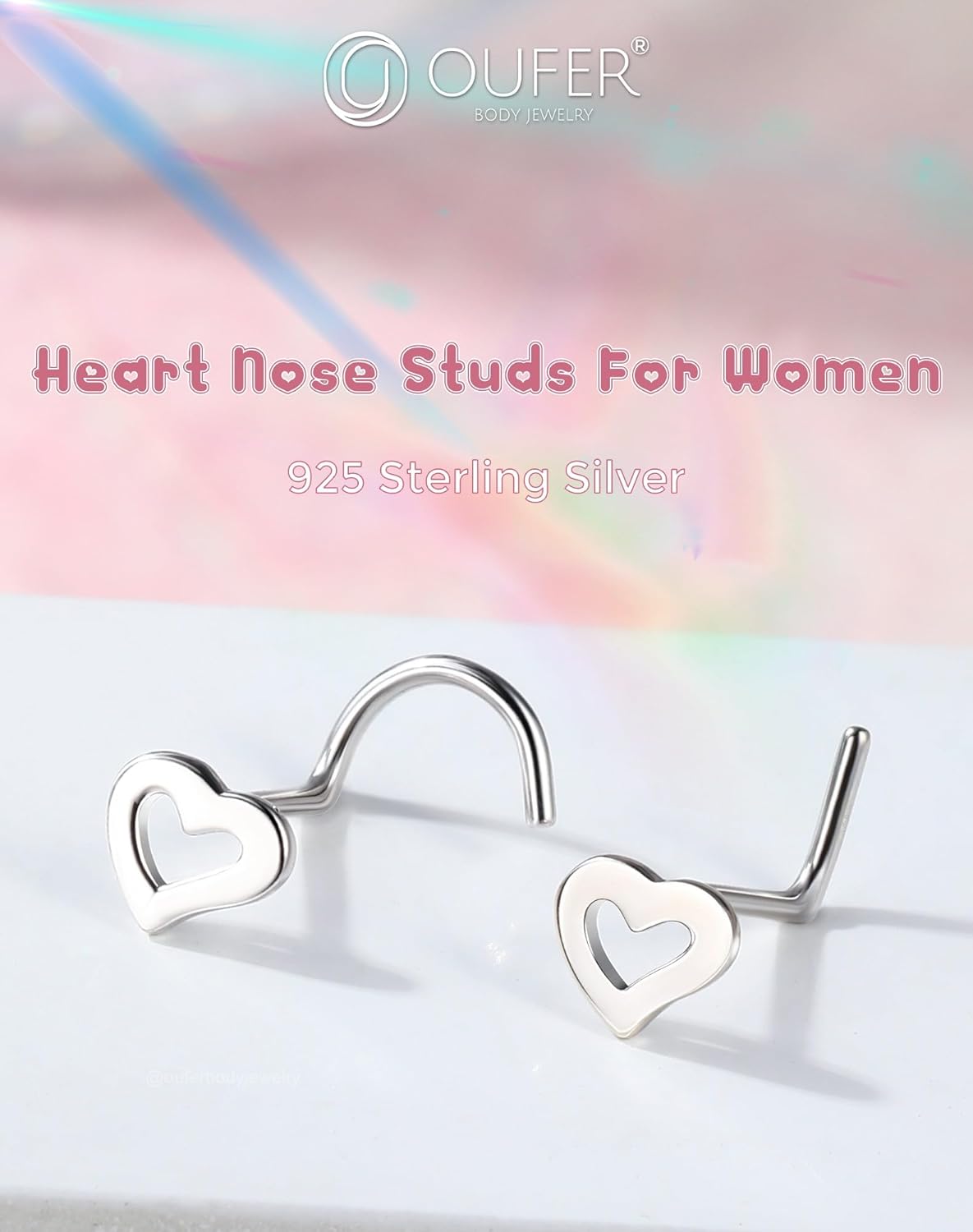 OUFER Heart Nose Rings Studs, 925 Sterling Silver L-shaped Nose Piercing Jewelry for Women Men, 20G Nostril Jewelry-7mm - Image 3