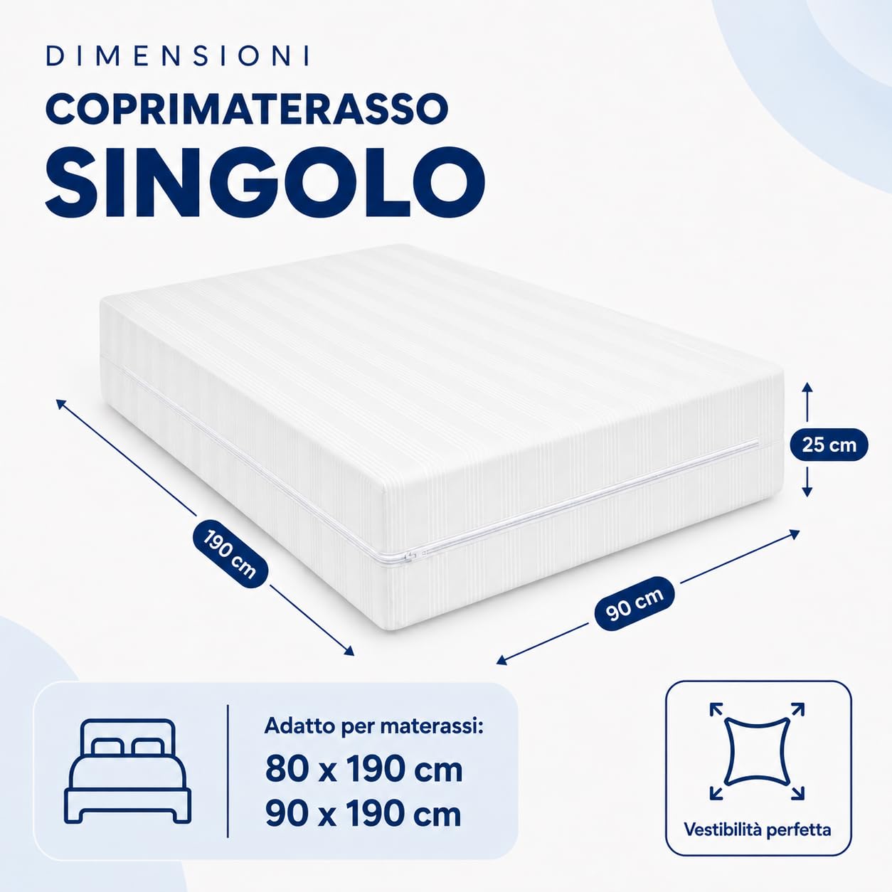 Coprimaterasso con Cerniera in Cotone Fasciato, Fodera Materasso a Sacco con Zip, Protezione Integrale Anti-Acaro, Resistente e Durevole (Singolo)