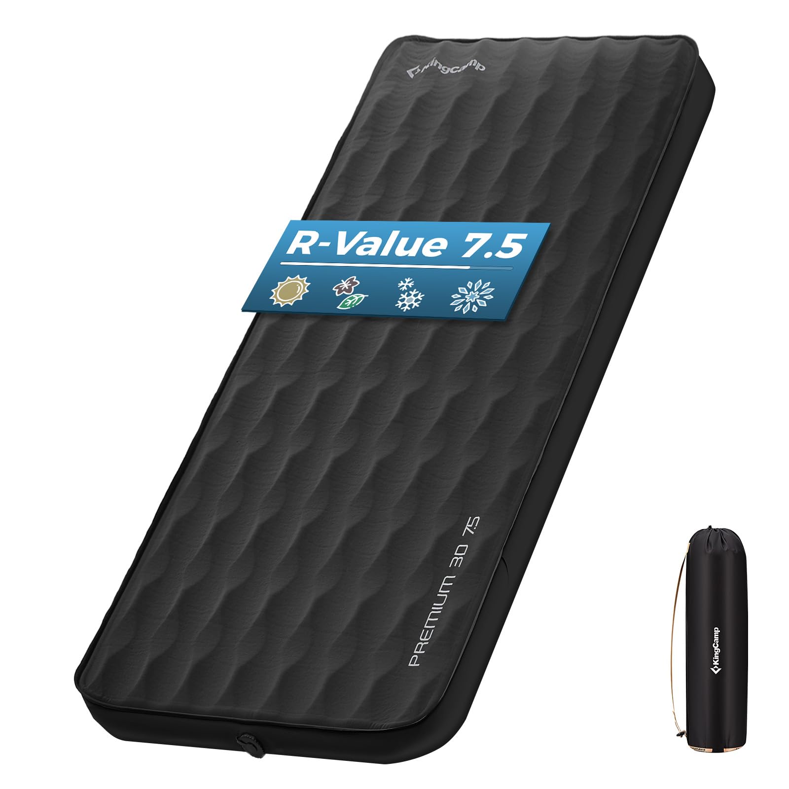KingCamp Self Inflating Sleeping Pad, R 7.9 Air & Foam Sleeping Pad for Camping, 3" Thick Single Camping Mattress with 3D Sidewalls & Wave Surface Cut for Outdoor Tent Cot Car, PVC Free (Black)