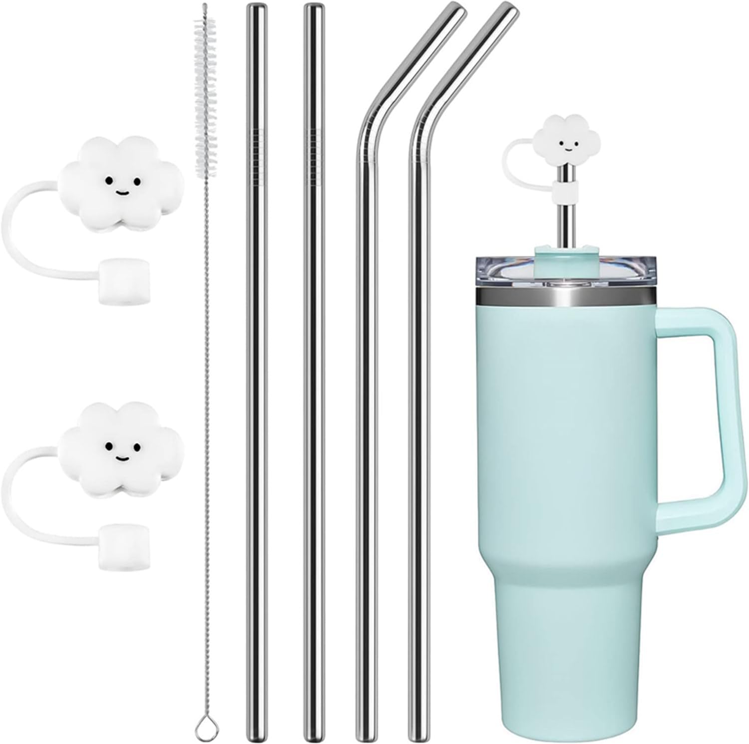 Reusable Straws Set, 4 PCS Steel Replacement Straws for Stanley 40oz Cup Accessories, Durable Cup Straws with Cleaning Brush & Straw Covers (4 PCS-Stainless Steel(9mm) with Straw Covers)