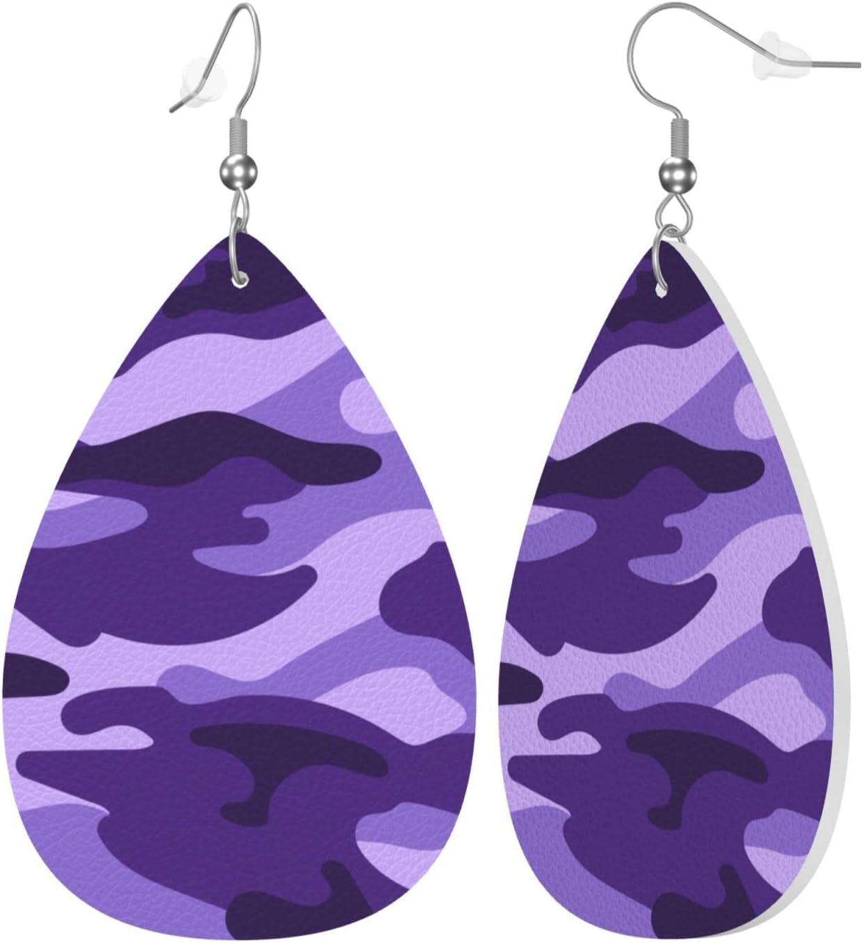Purple Camouflage Print Faux Leather Teardrop Earrings for Women Drop Dangle Earrings Gift - Image 2