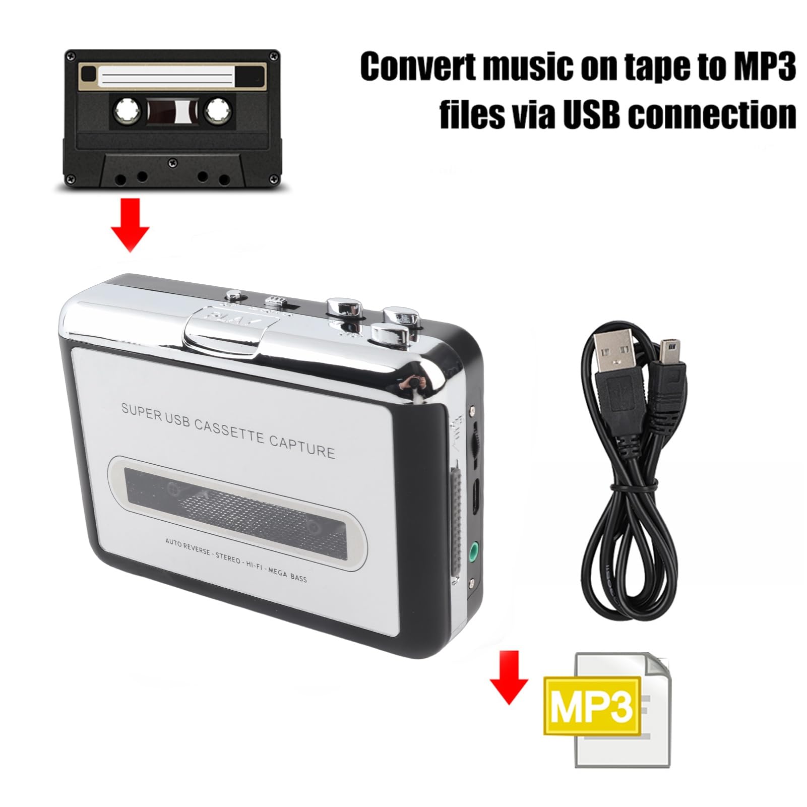 Captura de convertidor de cassette a MP3 USB, convertidor de cassette Reproductor de cinta digital portátil Captura cassette de audio estéreo/cinta a PC Convertidor de conmutador de MP3 con auriculare