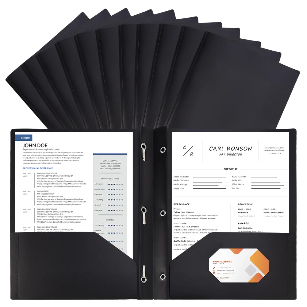 AHANDMAKER 12 Pack Plastic Folders with Pockets and Prongs, Durable 2 Pocket Project File Folders with 3 Prong Fasteners for Letter Size Papers Home School Office Business Use, Black