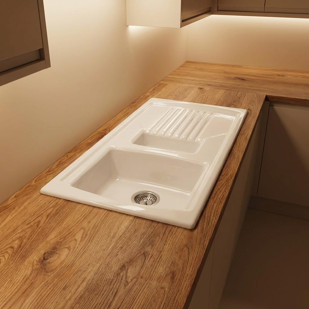 Libby - Fregadero de cocina empotrado de cerámica con 2 senos y escurridor, 100 x 50 cm, color blanco