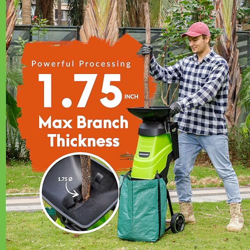 Image of GreenSweep Electric Wood Chipper & Mulcher - 15A Powerful Garden Chipper for Branches, Sticks & Yard Waste - Compact, Quiet & Easy to Use with Collection Bag