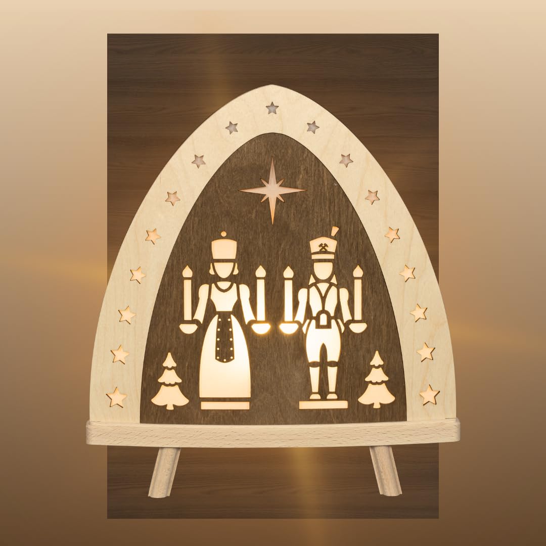 weigla - Dekoleuchte original Erzgebirge I Motiv Engel & Bergmann I 1 LED Lampe I 0,8 W, E14 I Weihnachtsdeko innen I Weihnachtsbeleuchtung aus Holz I Fensterdeko