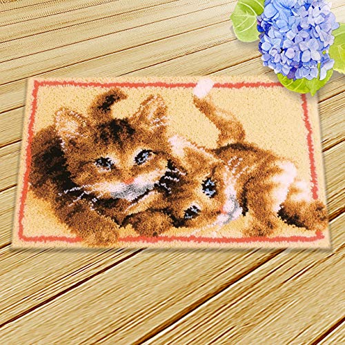 Image of clubevy Latch Hook Kits DIY Cushion Cross Stitch Kits Embroidery for Adults Beginner DIY Needlework Rectangle Floor Desk Mat Home Decoration, Cats