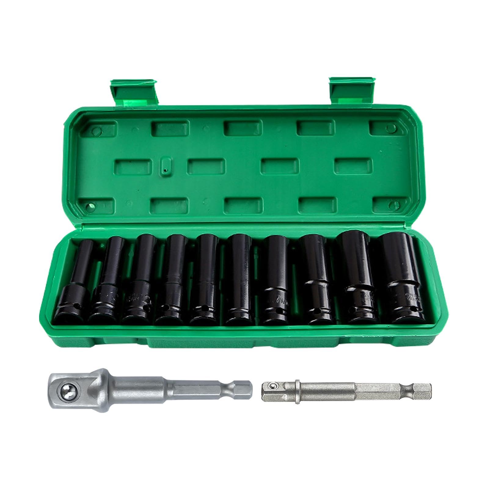 12 Pcs Deep Impact 1/2" Socket Set, 10-24mm Hex Long Socket Set with Adapter & Storage Box for Home Car Repair(Black)