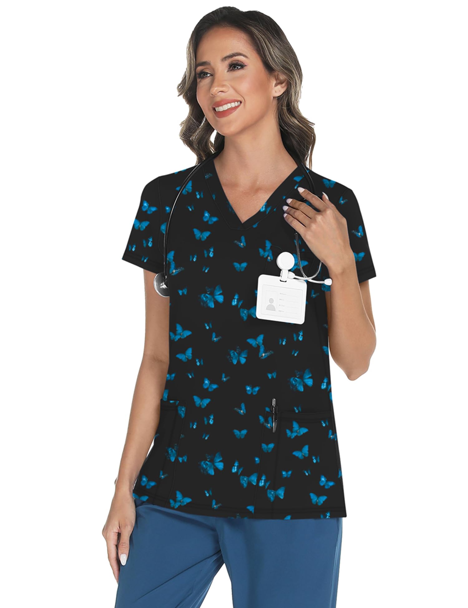 LOMON Scrubs for Women V Neck Butterfly Scrub Tops Soft Knit Scrub Printed Shirts with 3 Pockets Blue Butterfly XL