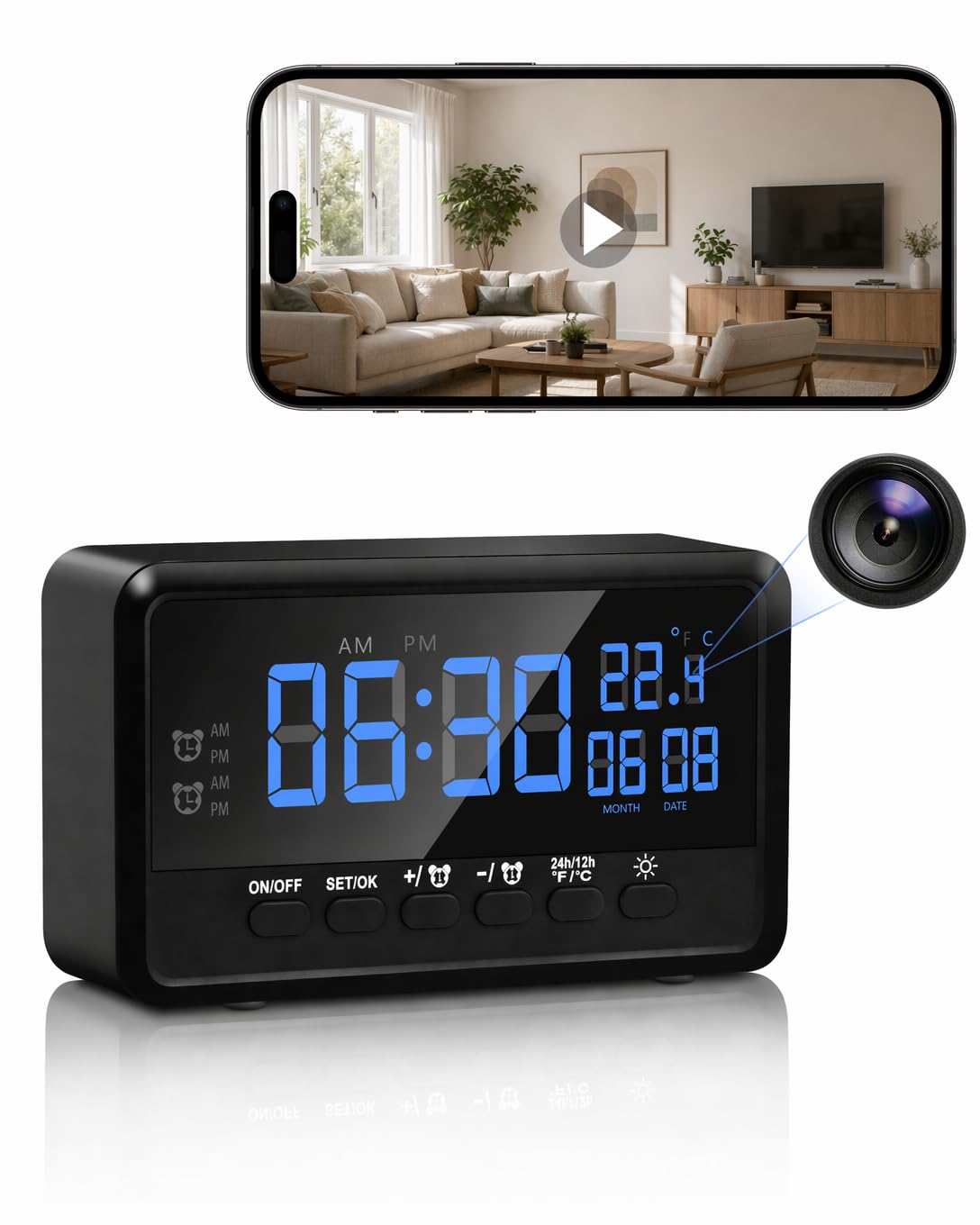 Caméra de Surveillance Intérieure WiFi, Caméra Espion Réveil HD avec Vision Nocturne, Détection de Mouvement, Double Alarme, Affichage Température & Date, Contrôle via App (Compatible Tuya Smart)