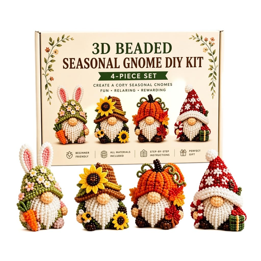 Mtbricey Witch Gnome Beaded Embroidery Set 3D DIY Craft Kit 4 Designs Beading Set Halloween Style Gnome Craft with Storage Box for Beginners Home Hobby (Style A)
