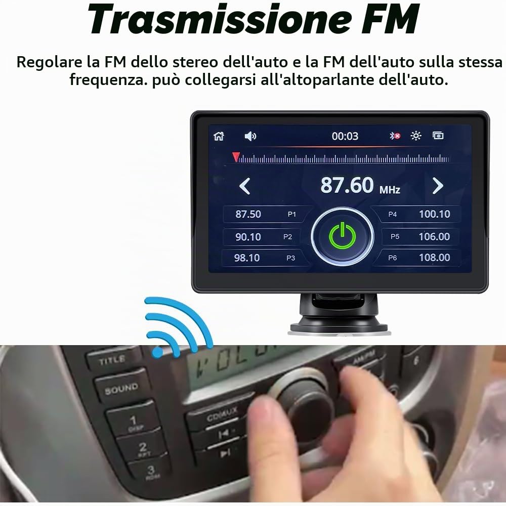 sunweyer Sunweyer Wireless Carplay & Android Auto Screen, Stereo Portatile Auto, 7 "IPS Touchsreen Display, Supporto 1080p Backup Camera & Bluetooth/AUX/FM Trasmettitore