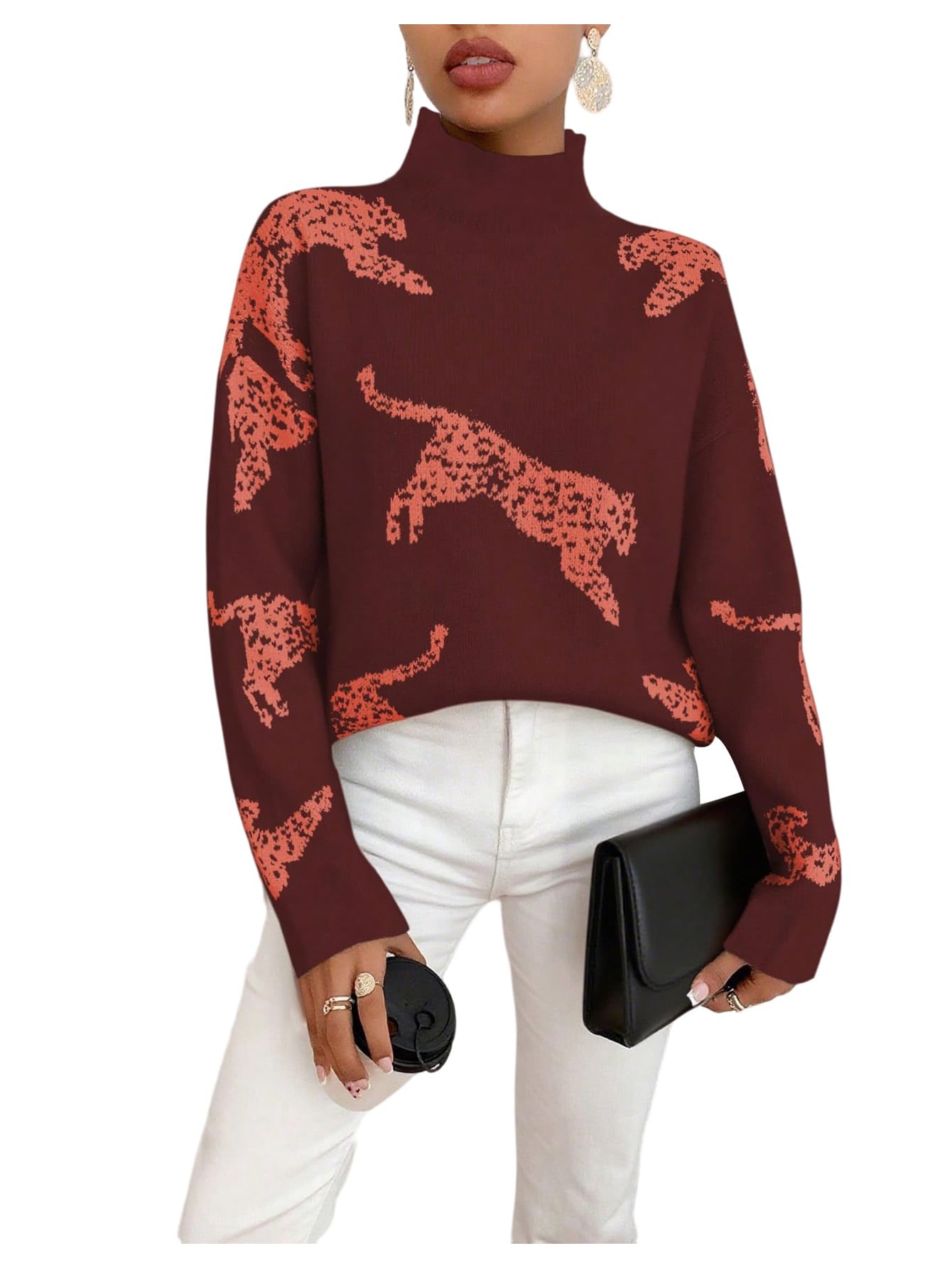 WDIRARA Womens Leopard Tiger Print Sweater High Neck Long Sleeve Fuzzy Knitted Pullover Top