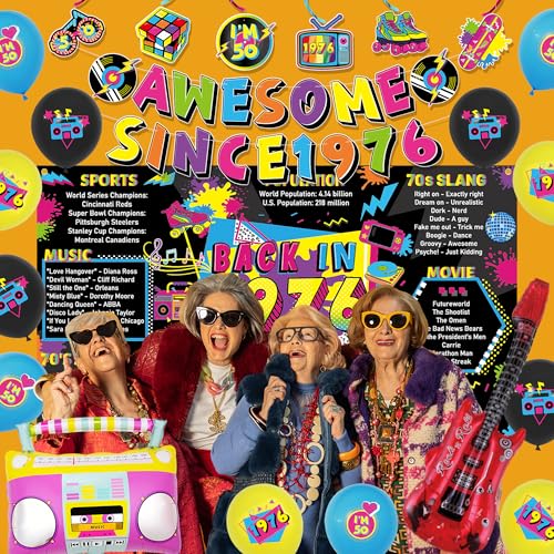 Image of Crenics 80s Theme 1976 50th Birthday Decorations for Men Women | Back in 1976 Backdrop, Awesome Since 1976 Banner, Swirls, Centerpieces and Balloons for 50 Birthday Party Supplies