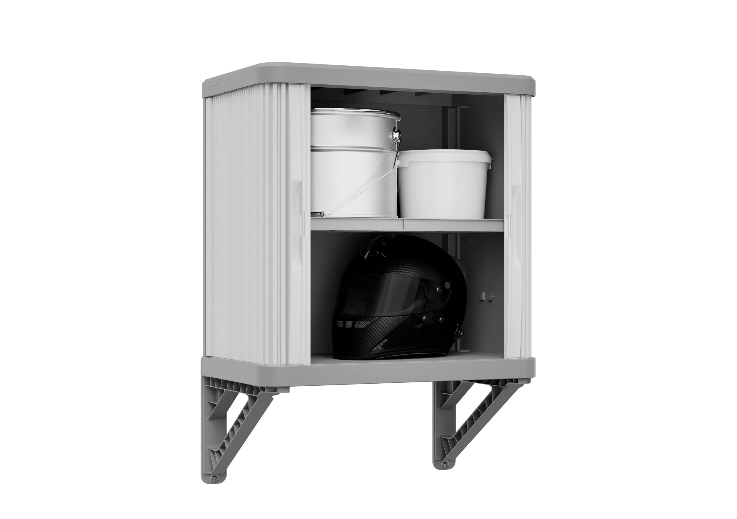 Cabina de pared Terry Rolling Space, armario de pared con dos puertas correderas, exterior e interior, 2 estantes interiores ajustables, gris, de plástico reciclado, dimensiones: 59 x 36 x 59 cm