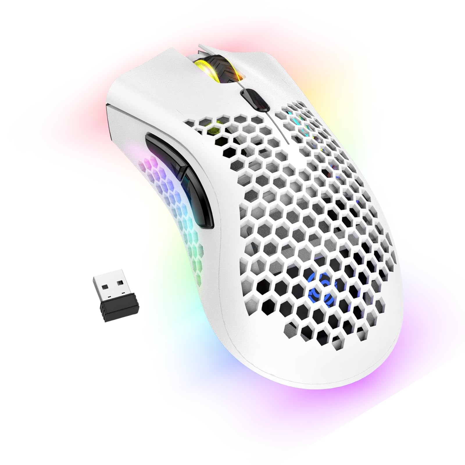 Fawoonu Wireless Mouse, 2.4G Ergonomic Wireless Gaming Mouse, Rechargeable Pc Mouse with RGB Backlight 6 Buttons Adjustable Lightweight Honeycomb Shell for Laptops, PC, Computers