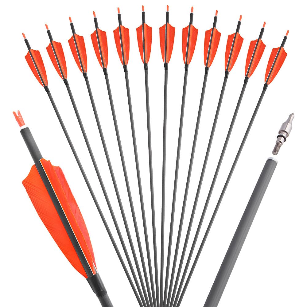 SHARROW 35 Pouces Flèche de Carbone Spine 400 Flèches de Chasse Flèche Arc Flèche Carbone avec 4" Plumes Naturelles pour Tir à l'arc ​Arc Classique Arc A Poulies Longbow Arc de Chasse (Orange, 12p)