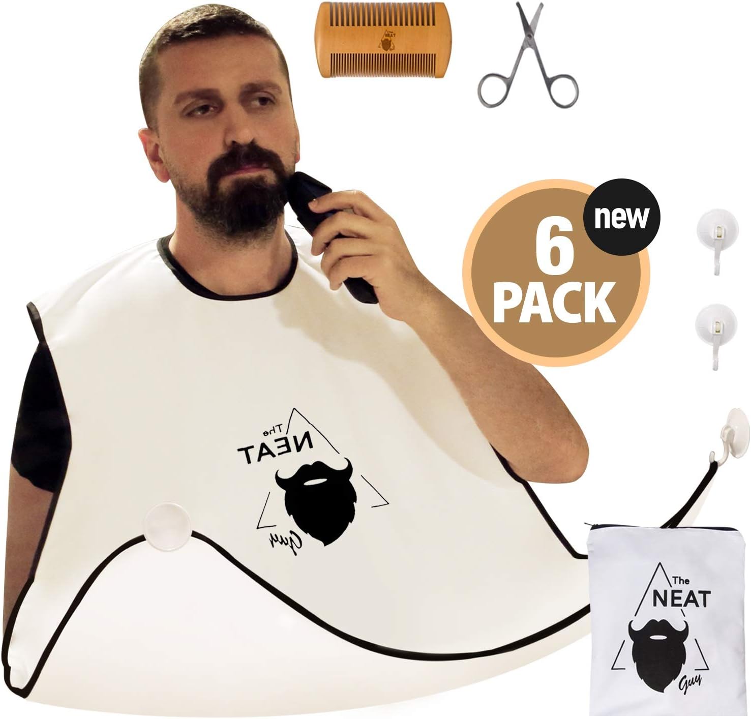 The Neat Guy 6-PACK Beard Catcher Kit with Beard Apron/Bib for Mess-Free Shaving + Shaping Tool + Comb + Scissor + Bag, All you Need for a Good, Clean Shave, The Perfect Present for Christmas