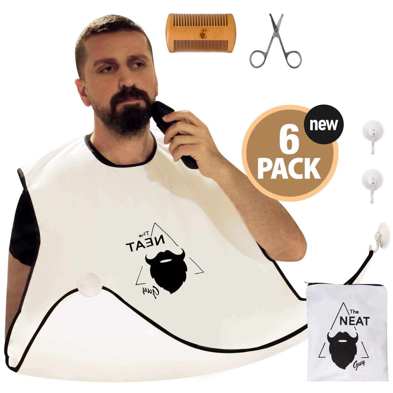 The Neat Guy 6-PACK Beard Catcher Kit with Beard Apron/Bib for Mess-Free Shaving + Shaping Tool + Comb + Scissor + Bag, All you Need for a Good, Clean Shave, The Perfect Present for Christmas