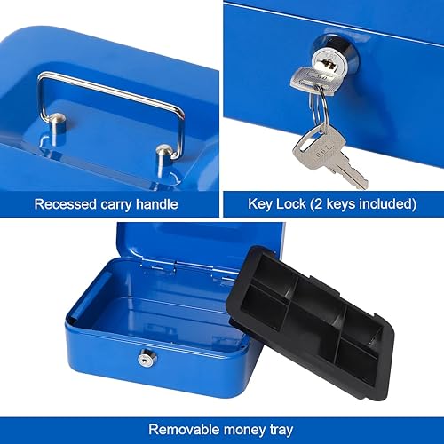 Vista 73 de Caja de dinero pequeña con bandeja de dinero y cerradura, caja de dinero de metal para efectivo, caja de seguridad 7.87 x 6.3 x 3.54 pulgadas