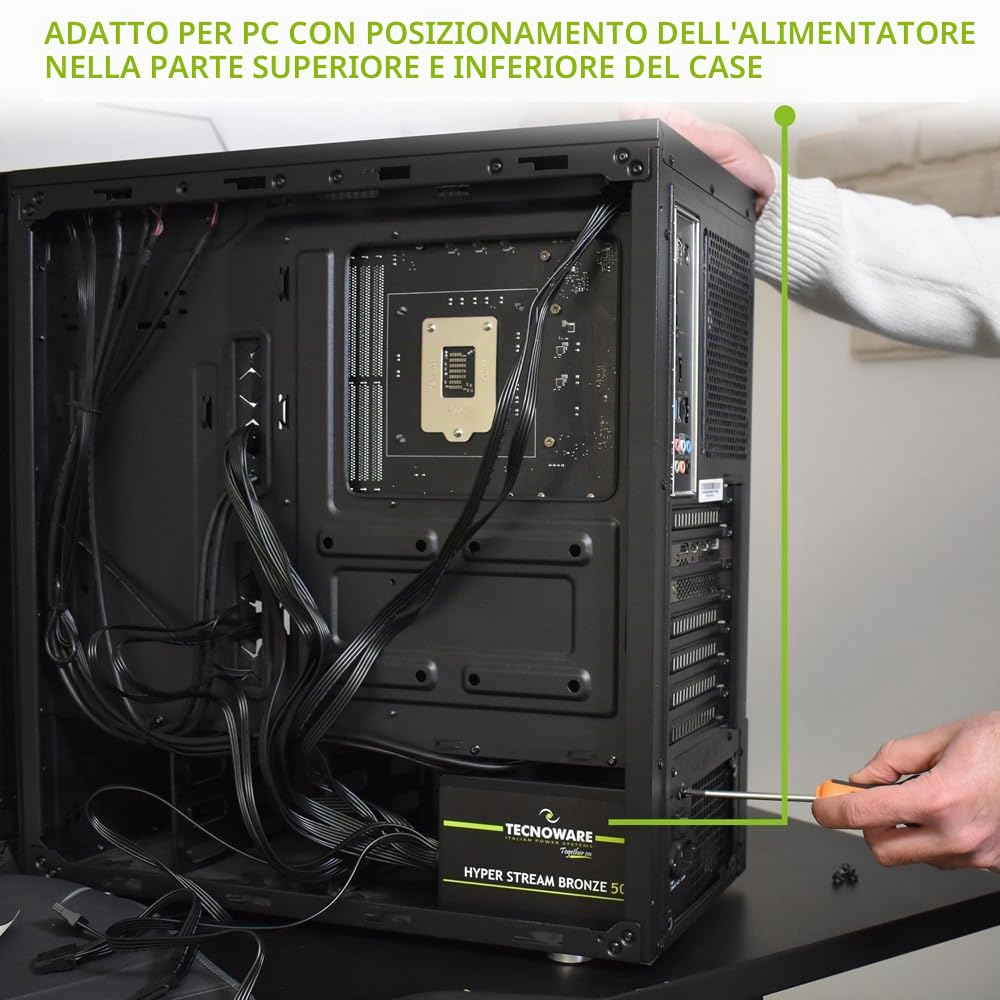 Tecnoware Alimentatore ATX Hyper Stream Bronze 500W per PC, Ventola Silenziosa 12 cm, 1 connettore 24 Poli, 1 connettore 12 V 4+4 Poli, 1 connettore 6+2 PCI-E, 2 connettori Molex, 4 connettori SATA