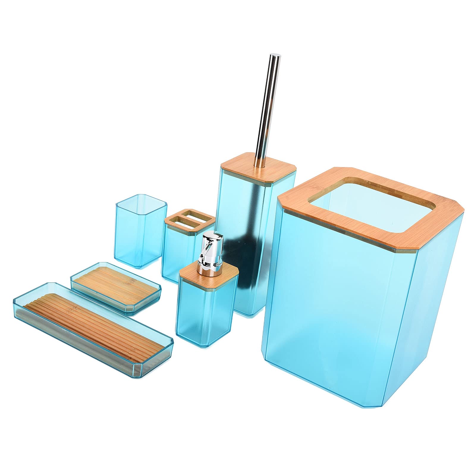 Set di accessori da bagno in bambù 7 pezzi, kit da bagno con portasapone, porta spazzolino, tazza, scopino per WC, cestino per rifiuti e vassoio, design in bambù e resina ABS per (Verde)