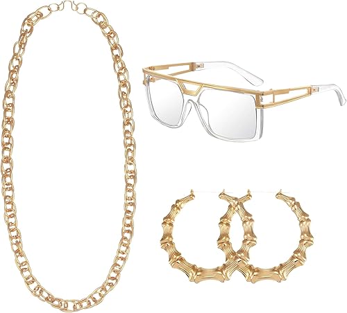 Accesorios de los años 80 y 90 para mujer, kit de disfraz de joyería de hip hop, gafas de sol de rapero de la vieja escuela, cadena de cuerda de oro