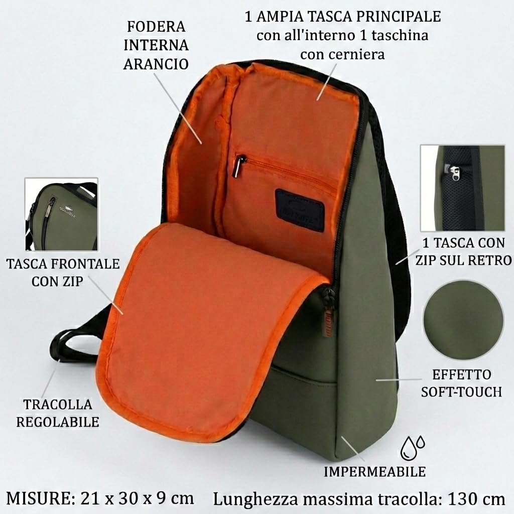 No Limits Bolso bandolera hombre impermeable, mochila bandolera ajustable, efecto Soft-Touch y forro naranja, con múltiples bolsillos