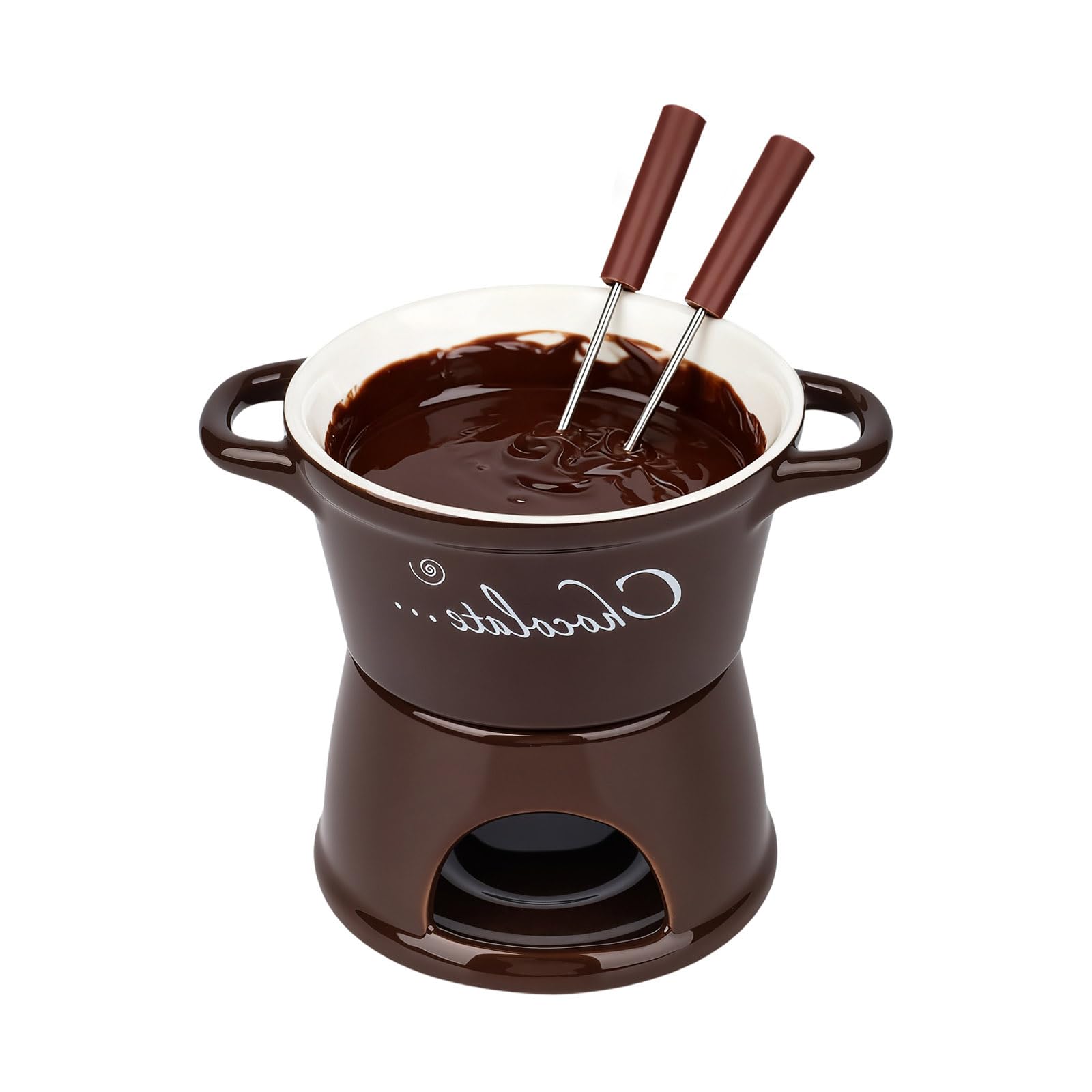 Ceramic Chocolate Fondue Mug - Melting Butter Pot with Fork, Cheese Warmer Cup, Butter Fondue Heated （NO Candle,Brown T） — image 1