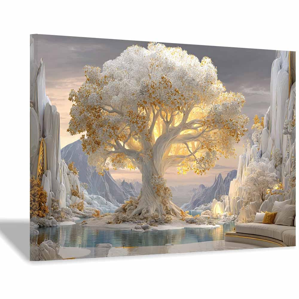 ZAMAEIU Tree of life wall art Jade trees illuminate abstract canvas wall, For Bathroom, Living Room, Bedroom, Office.Gift for Home Decor(white)-50x70cm Framed