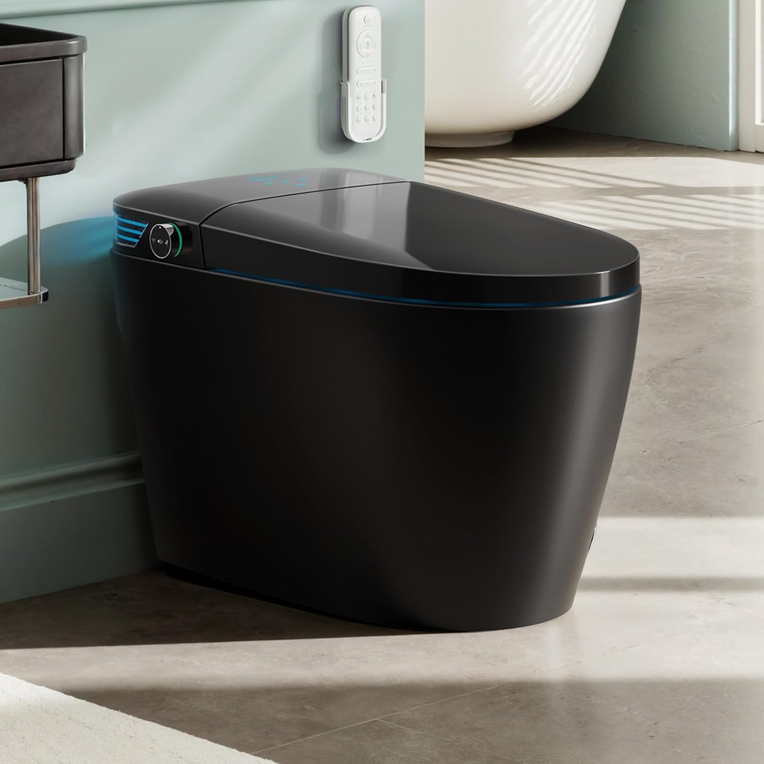 Black Smart Toilet with Bidet Built In, Auto Open/Close Lid, Heated Seat, Warm Wash & Dryer, Night Light, Soft-Close,Modern Elongated Tankless One Piece Toilets, 1.28 GPF