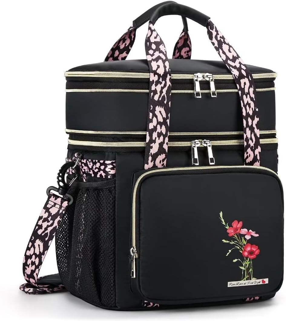HSHRICH Insulated Lunch Bag for Women/Men, Dual Compartment Waterproof Reusable Large Lunch Box for Adlut Wide-Open Tote Cooler Bag For Working Picnic Hiking (16L, Black-Flowers)