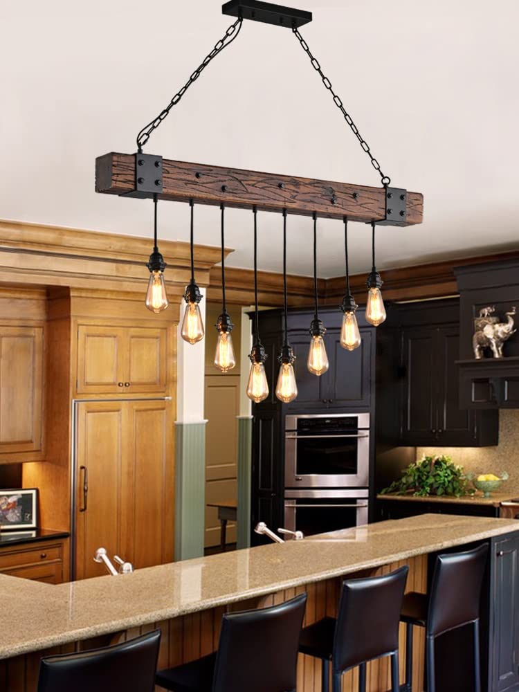 E27 Hängeleuchte Retro Pendelleuchte Esstisch Industrial Hängelampe Aus Holz 8-Flammige Hängeleuchte Retro Esszimmerlampe Holzbalken Vintage Pendellampe Für Wohnzimmer Küche Bar Restaurant