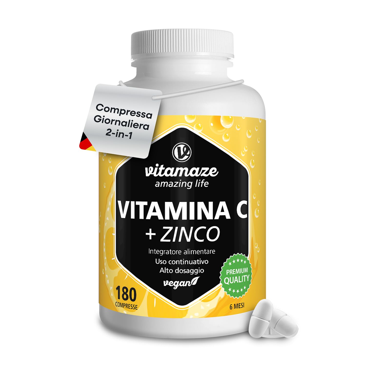 Vitamina C 1000mg (6 Mesi) + Zinco + Bioflavonoidi, 180 Compresse, 1 Compresse per Giorno, Vegan Vitamina C Pura Dose Forte, Qualità Tedesca, Integratore Alimentare senza Additivi. Vitamaze®