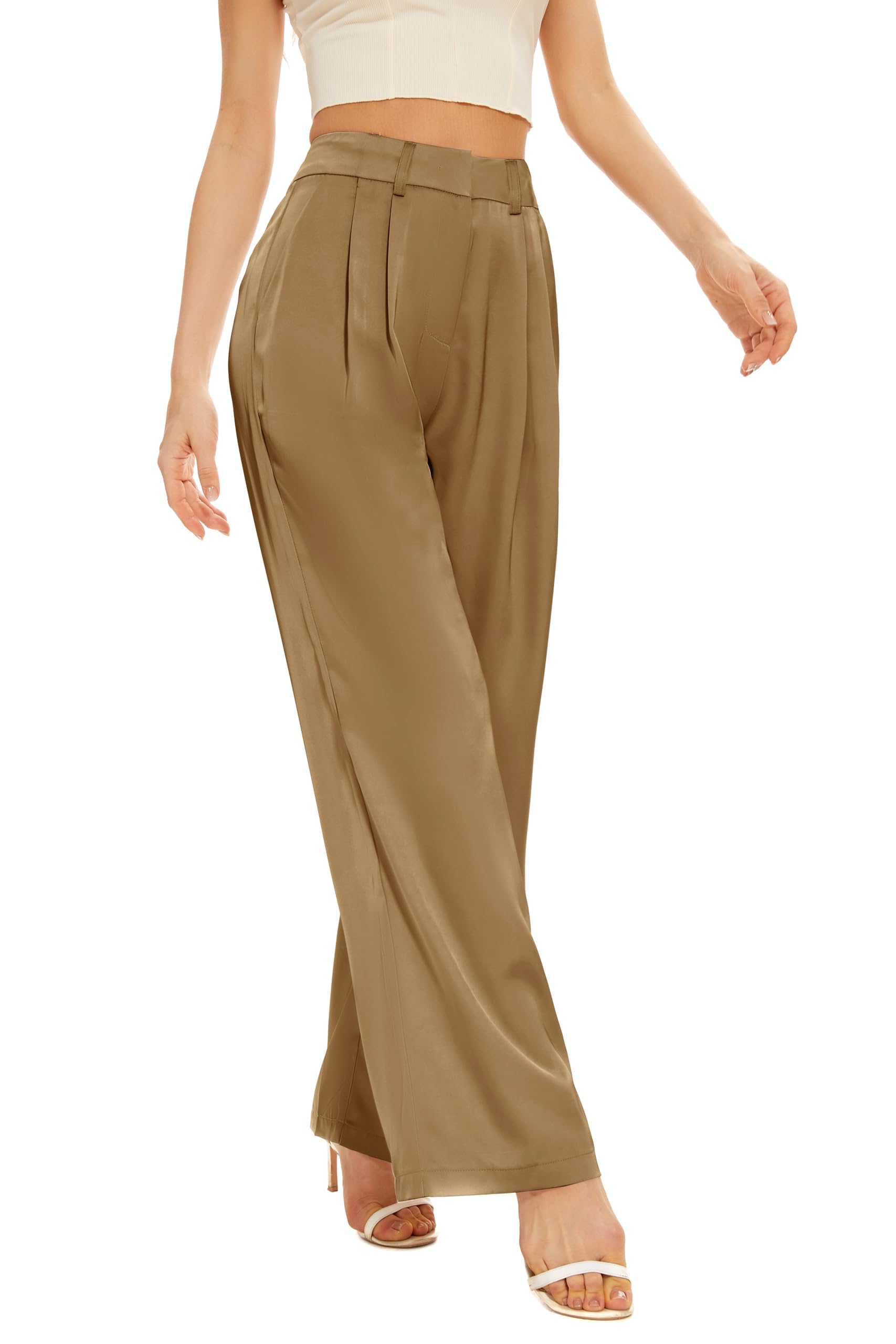 FUNYYZO Women Stain Wide Leg Pants High Elastic Waisted Casual Business Work Trousers Long Straight Suit Pants
