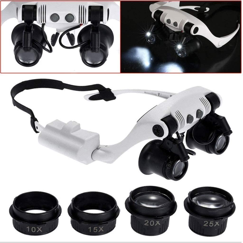 Lupa De Diadema Manos Libres HD con Luz Led - Zoom De 10X A 25X con 4 Lentes Desmontables - Lupa De Cabeza con Luz para Lectura, Lupa para Joyería, Reloj, Etc.