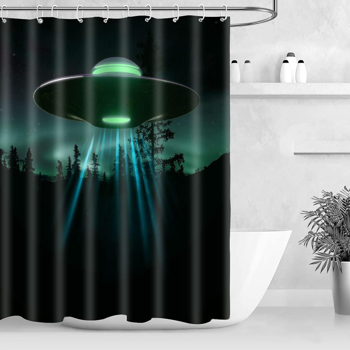 Alien Spaceship Shower Curtain, Fairy Night Sci Fi Theme UFO Shower Curtains Set with 12 Hooks, Durable Washable Upgrade Fabric Bath Curtain, 72 x 72 Inches, YLYYNT1331