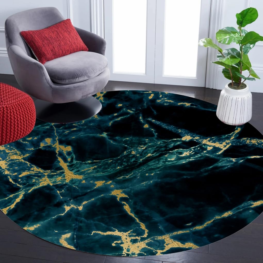 Black Green Gold Marble Texture Modern Abstract Round Area Rug for Living Room Bedroom Diningroom Art Deco 7ft Circle Rug Under Coffee Table Office
