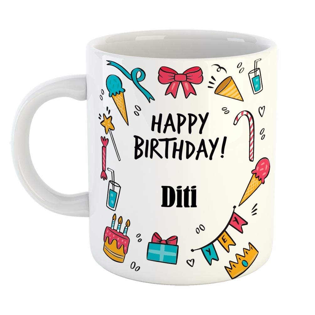 FurnishFantasy Ceramic Coffee Mug - Best Gift for Happy Birthday Mug , Color - White, Name - Diti