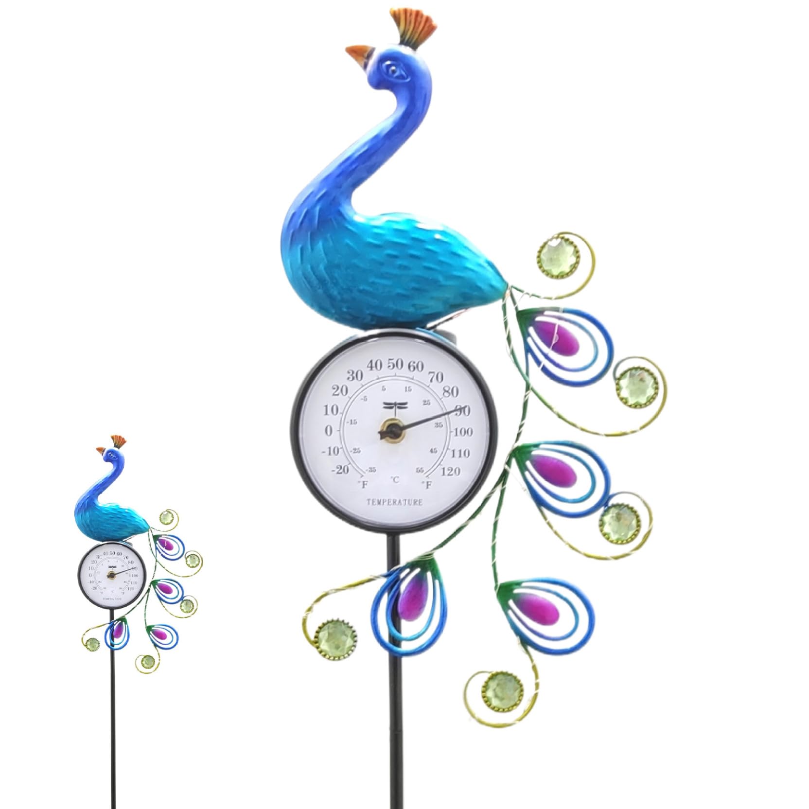Indicatore di temperatura esterno, termometro per esterni design di pavone luci solari termometro per esterno impermeabile con decorazione per pavoni da 42 pollici per il pace per cortile esterno