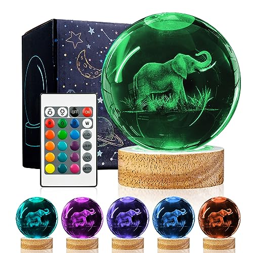 Image of 3D Elephant Crystal Ball Night Light With 16 Color Wooden Base, Upgraded 3.15 Inch Glass Ball Lamp With Remote for Birthday Holiday Xmas, Cool Toy Decor Gifts for Boys Girls Kids