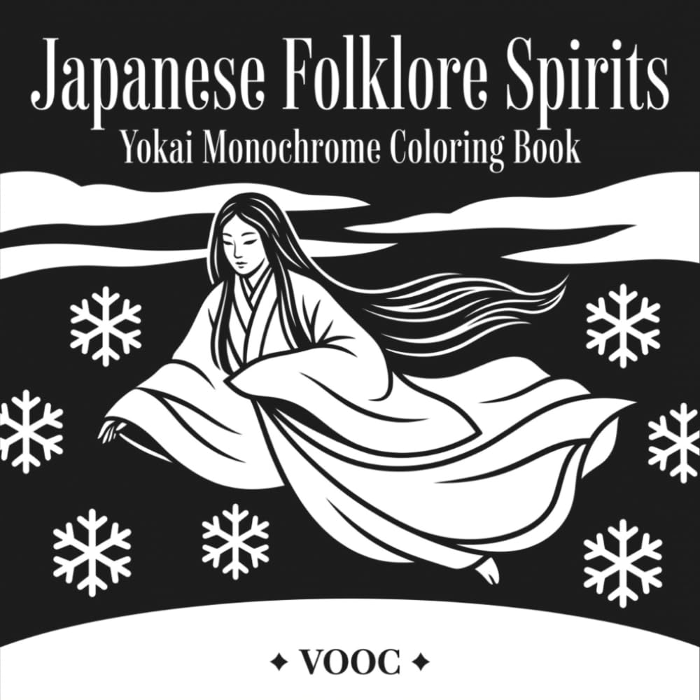 Japanese Folklore Spirits: Yokai Monochrome Coloring Book for Adults, 40 Bold Reverse White on Black Pages with Kitsune Fox, Oni Demon, Tanuki and Kappa (Monochrome Escape Coloring)