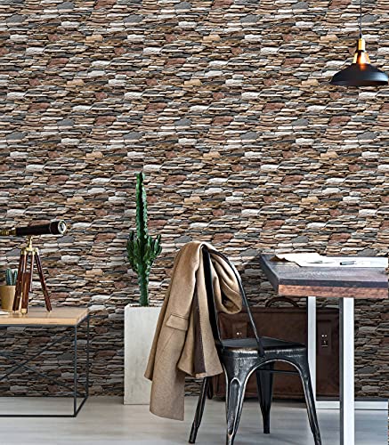 BUVU Steintapete 53x1000cm Grau Braun Naturstein Tapete, schöne edle Tapete im Steinmauer Design, für Wohnzimmer oder Schlafzimmer