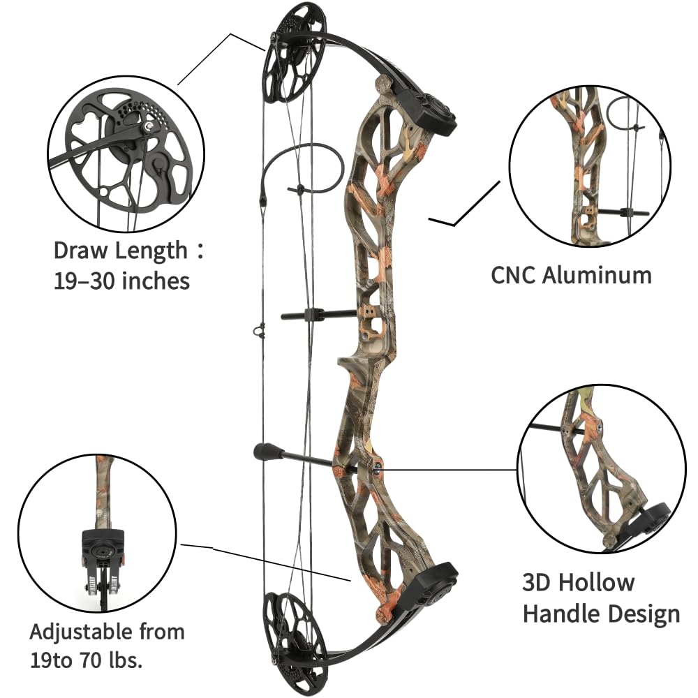 Set di frecce per arco compound da 19-70 libbre - Tiro con l'arco - Velocità freccia 320 fps - Riser in lega di alluminio CNC - Doppia camma - Arco per adulti destrimani - Tiro