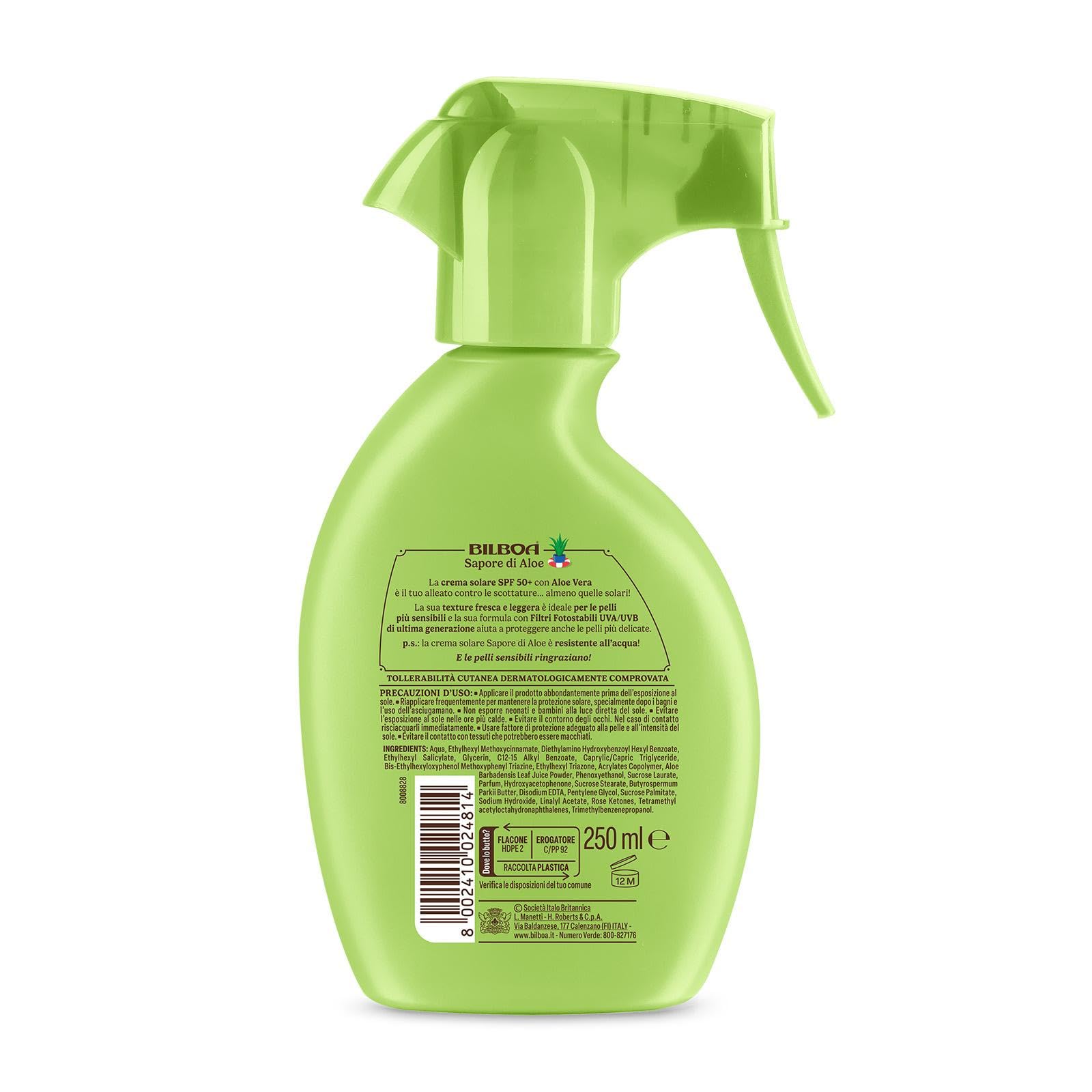 Bilboa, Sapore di Aloe, Crema Solare Spray SPF 50+, Protezione Solare con Profumo di Aloe Vera, Ideale per Pelli Sensibili, Texture Fresca e Leggera, Resistente all’Acqua, 250 ml