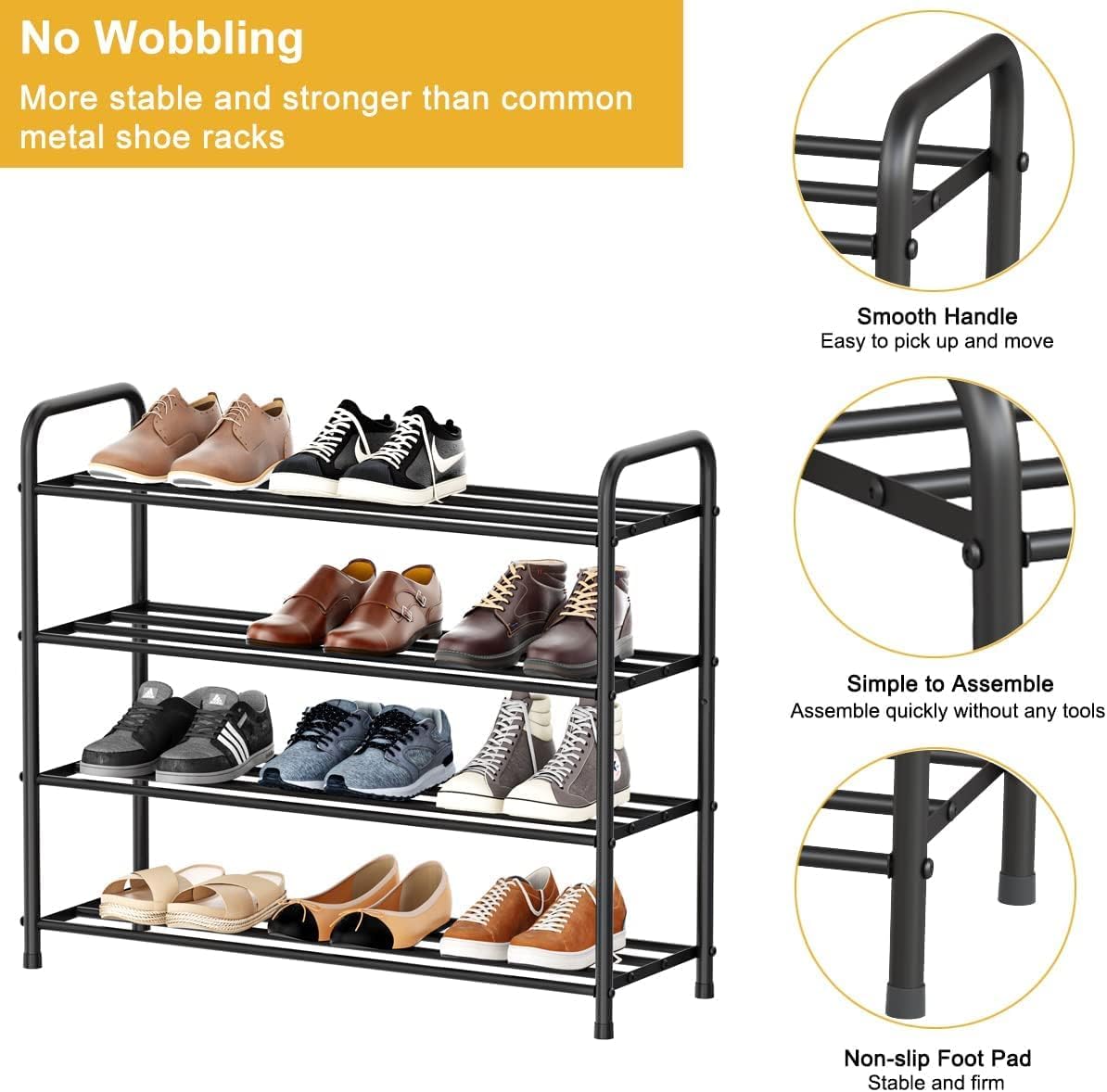 FANHAO Étagère à Chaussures 4 Niveaux en Acier Inoxydable pour Ranger Les Chaussures - Peut contenir jusqu'à 12 Paires de Chaussures, pour Salon, vestiaire et Couloir, 68 x 26 x 65 cm (Noir Mat)