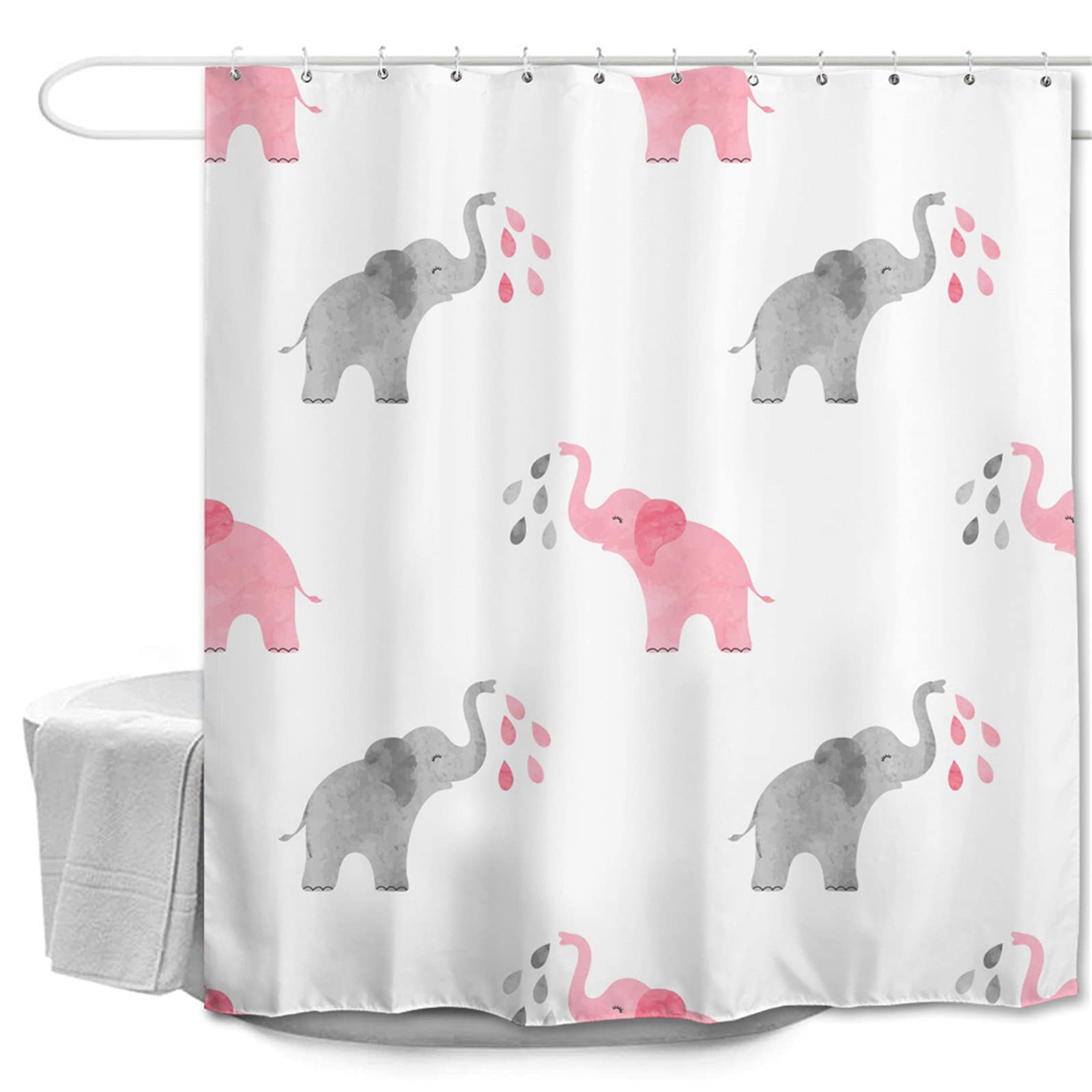 Oduo Cartoon Elephant Shower Curtains Mould Proof Resistant Washable, 3D Elephant Print Shower Curtains Waterproof Bath Curtain With 10-12 Hooks - Shower Curtain For Bathroom (,180X220cm)